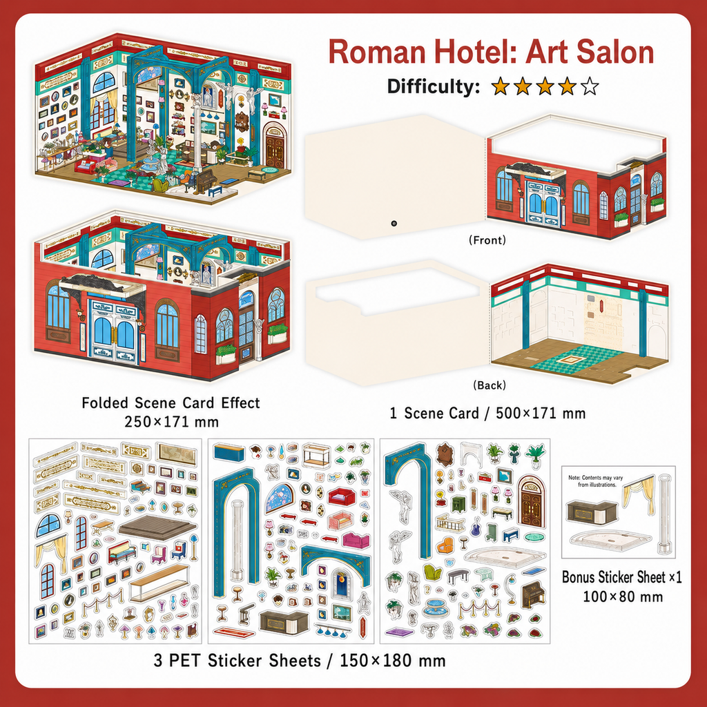 Roman Hotel Art Salon 3D Scene Sticker Kit with foldable art room scene card and PET sticker sheets