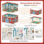 Roman Hotel Art Salon 3D Scene Sticker Kit with foldable art room scene card and PET sticker sheets