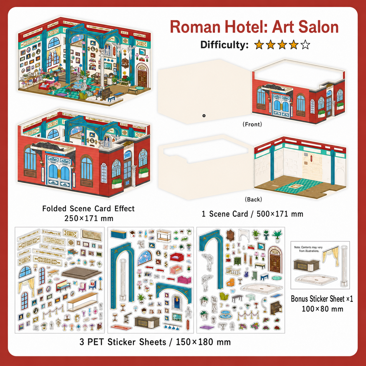 Roman Hotel Art Salon 3D Scene Sticker Kit with foldable art room scene card and PET sticker sheets