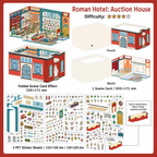 Roman Hotel Auction House 3D Scene Sticker Kit with foldable auction room scene card and PET sticker sheets