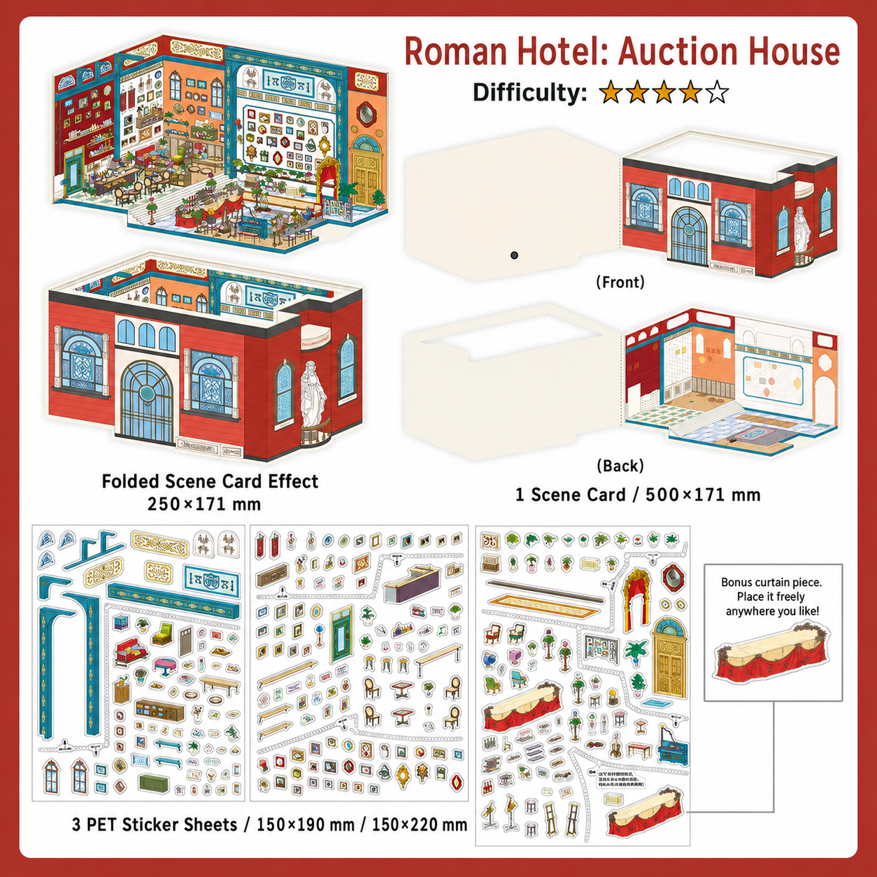 Roman Hotel Auction House 3D Scene Sticker Kit with foldable auction room scene card and PET sticker sheets