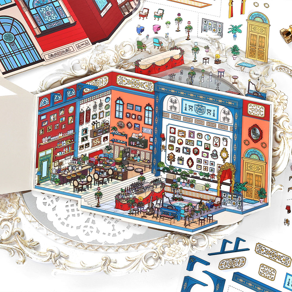 Finished Roman Hotel Auction House miniature scene with gallery walls, furniture, and decor stickers