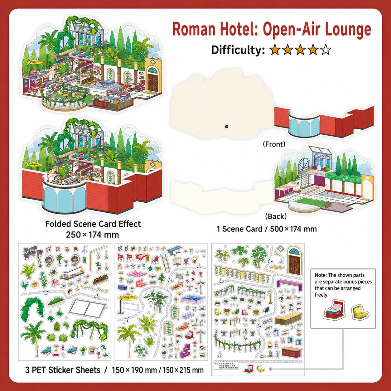 Roman Hotel Open-Air Lounge 3D Scene Sticker Kit with foldable scene card and PET sticker sheets
