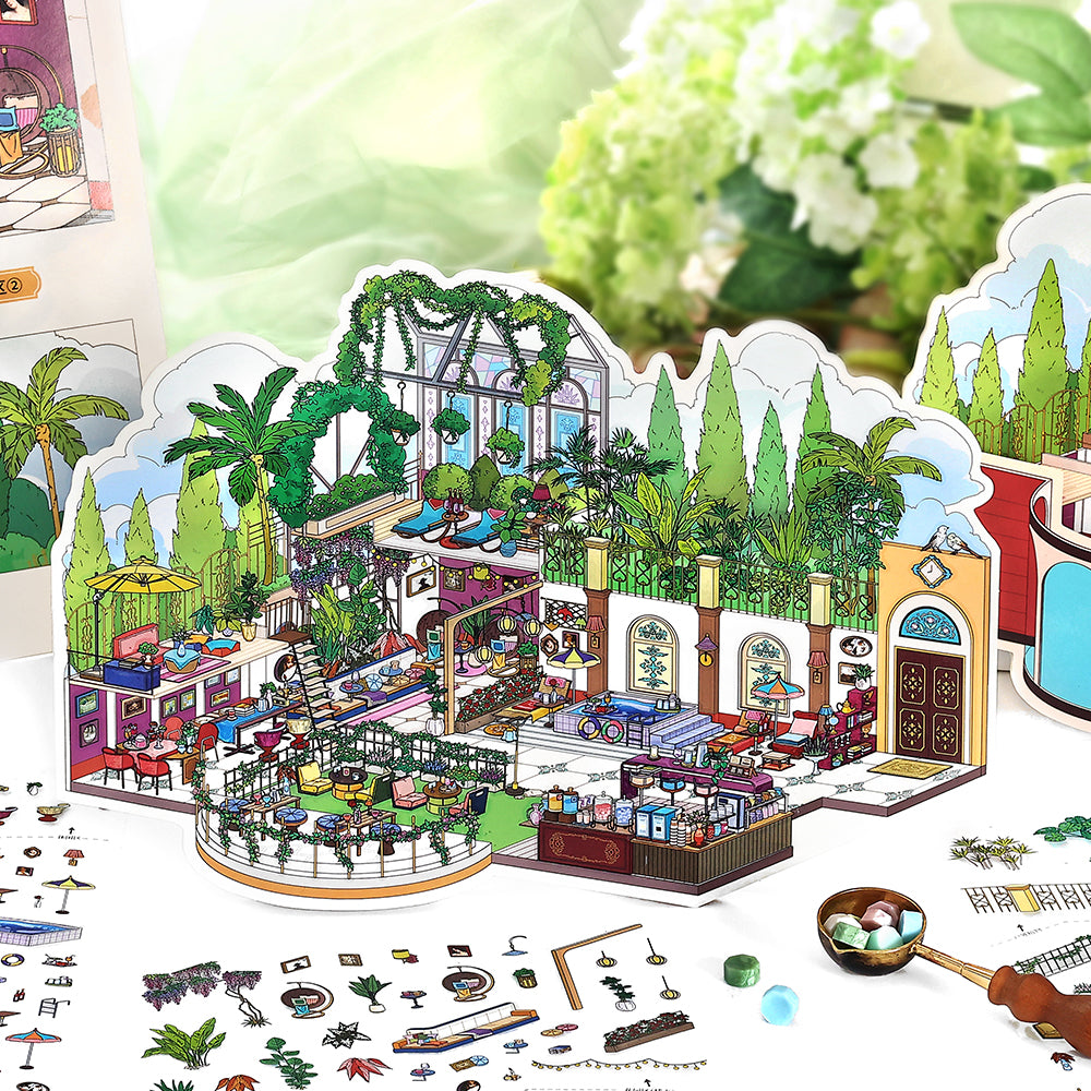 Finished Roman Hotel Open-Air Lounge miniature scene with plants, outdoor seating, and hotel decor stickers