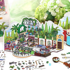 Finished Roman Hotel Open-Air Lounge miniature scene with plants, outdoor seating, and hotel decor stickers