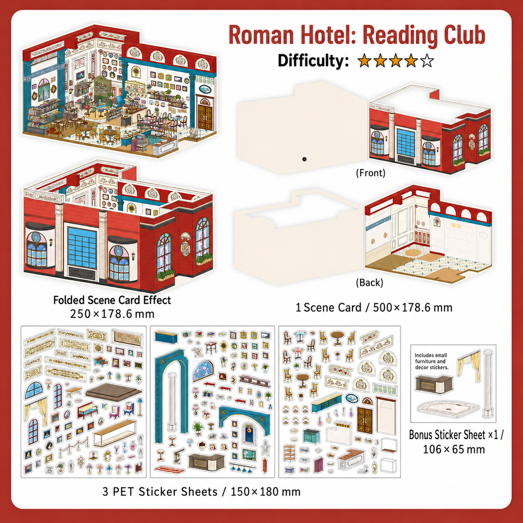 Roman Hotel Reading Club 3D Scene Sticker Kit with foldable reading room scene card and PET sticker sheets