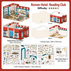 Roman Hotel Reading Club 3D Scene Sticker Kit with foldable reading room scene card and PET sticker sheets