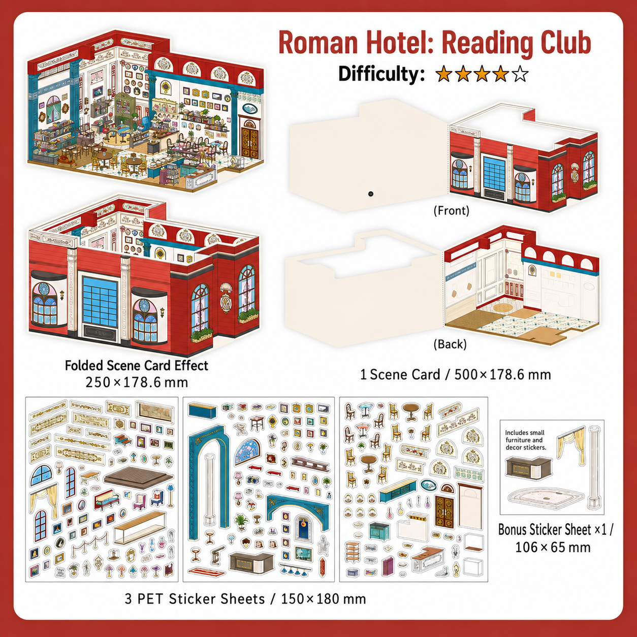 Roman Hotel Reading Club 3D Scene Sticker Kit with foldable reading room scene card and PET sticker sheets