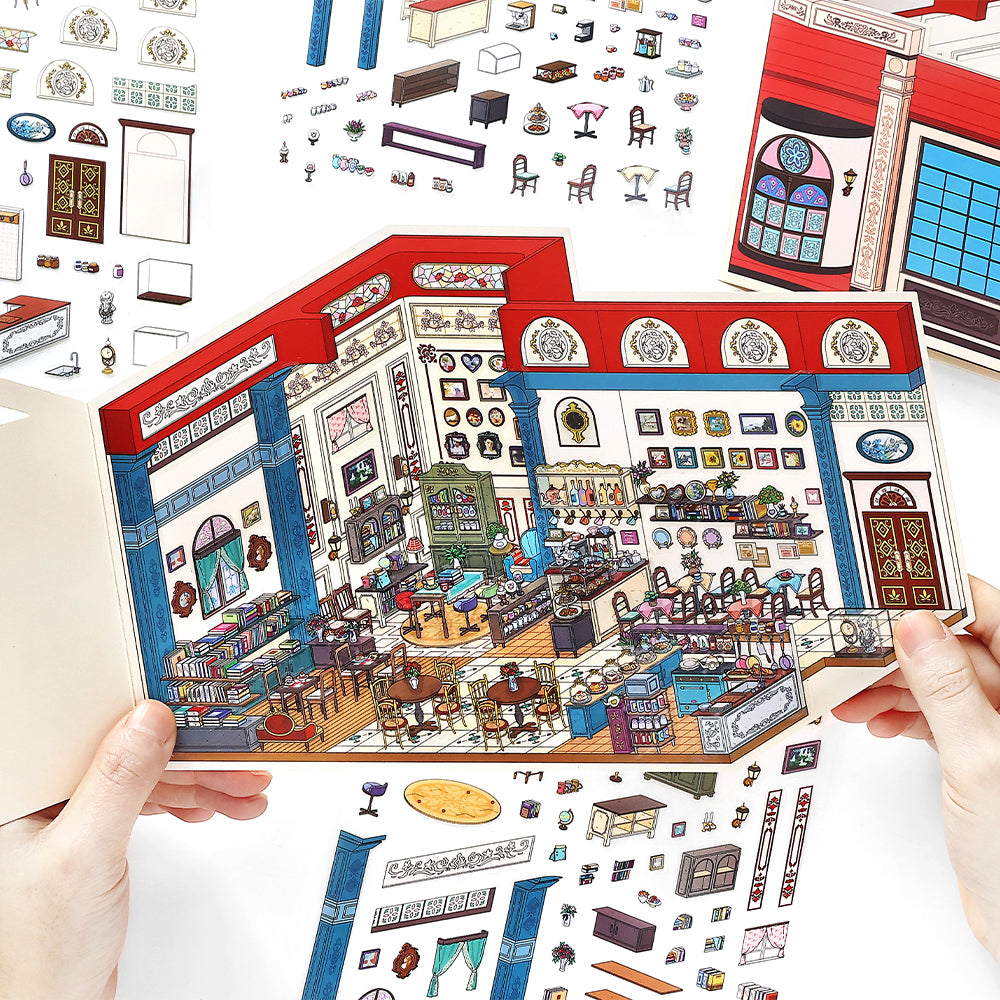 Finished Roman Hotel Reading Club miniature scene with bookshelves, tables, and decorative room details