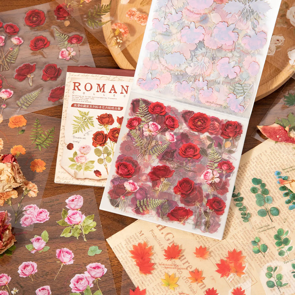 Romantic floral sticker sheets displayed with roses, maple leaves, eucalyptus, and botanical designs