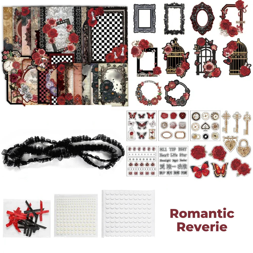 Romantic Reverie Junk Journal Kit flat lay showing the coordinated papers, ephemera, stickers, and craft embellishments included in the set
