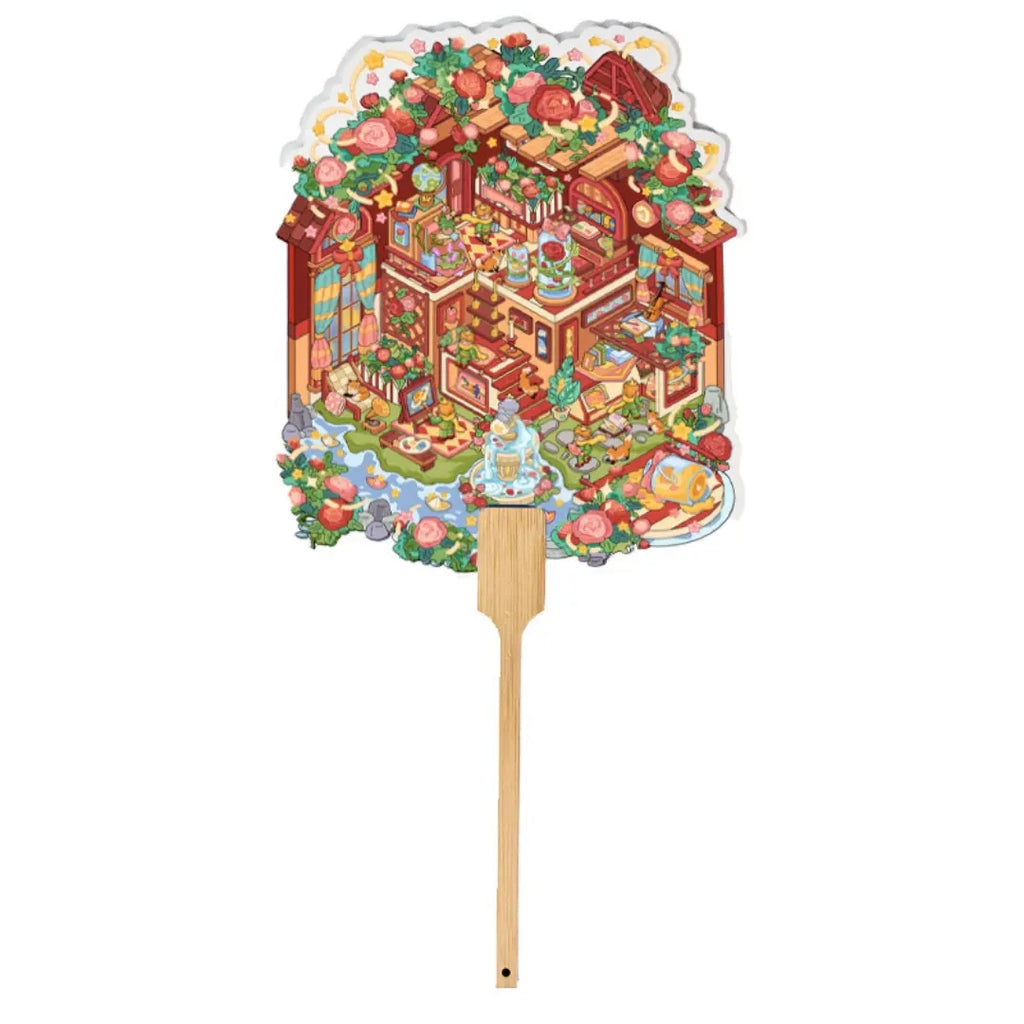 Finished Rose Garden Room 3D-look miniature scene with bamboo handle, roses, books, and cozy room details