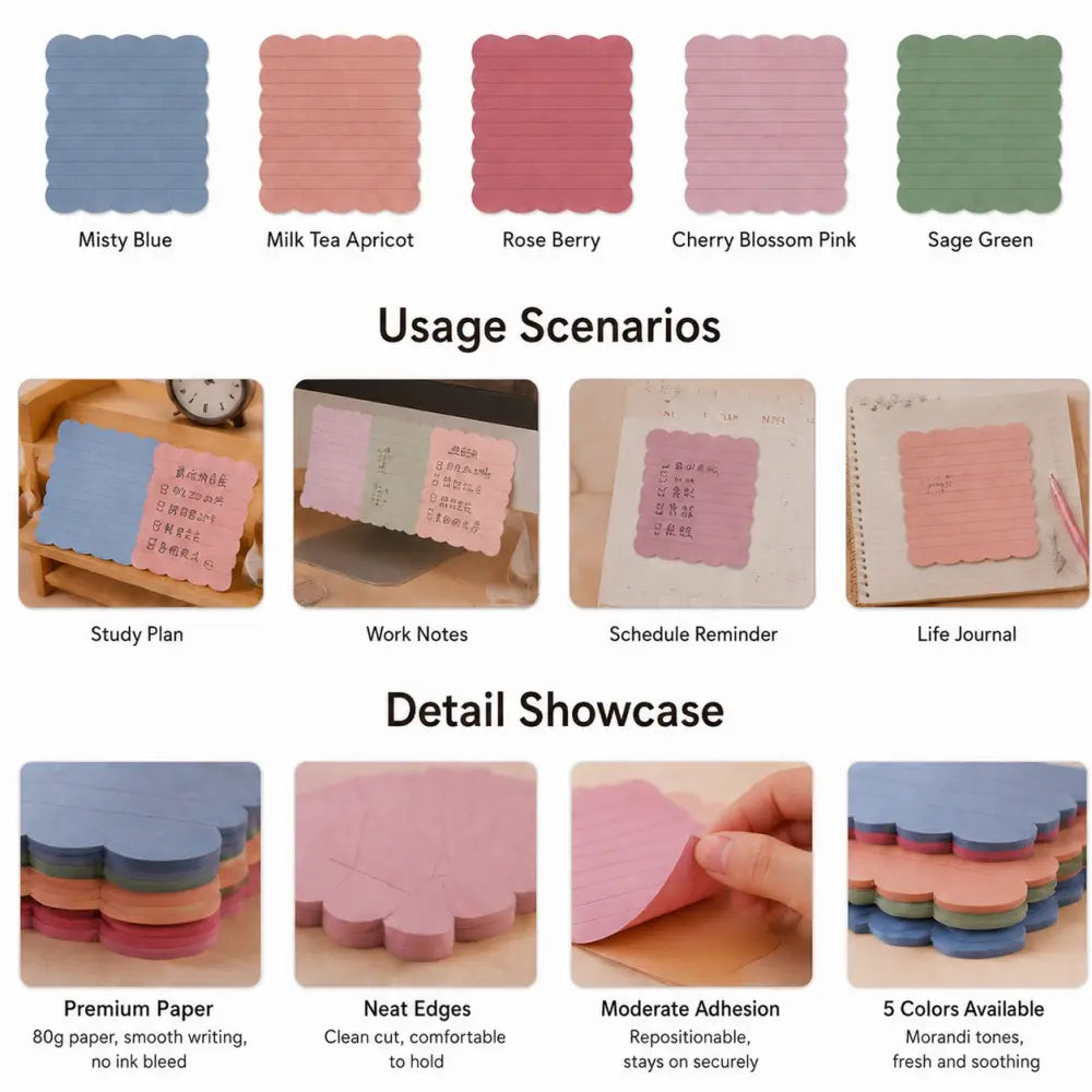 Scalloped Pastel sticky notes color assortment with curved memo shapes for planner tabs and journal accents.