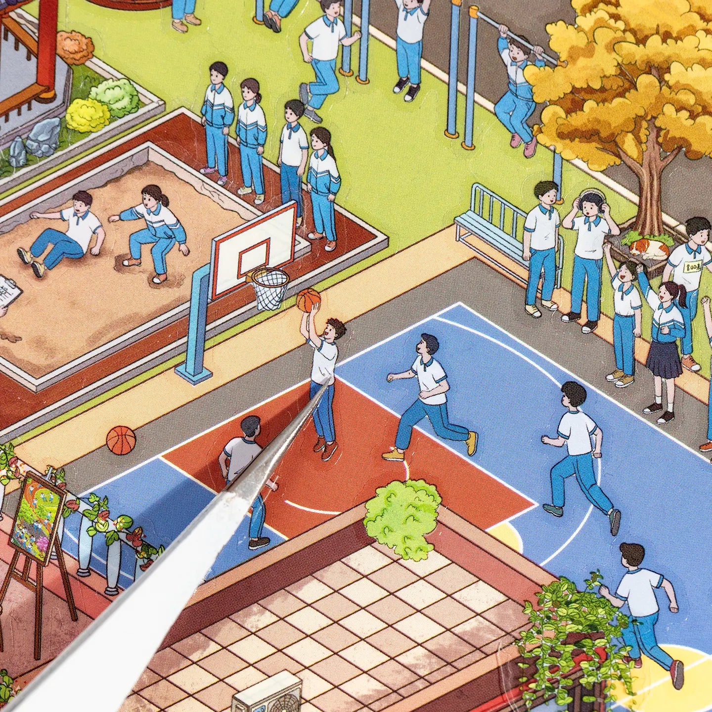 Sticker placement close-up on the School Days basketball court scene