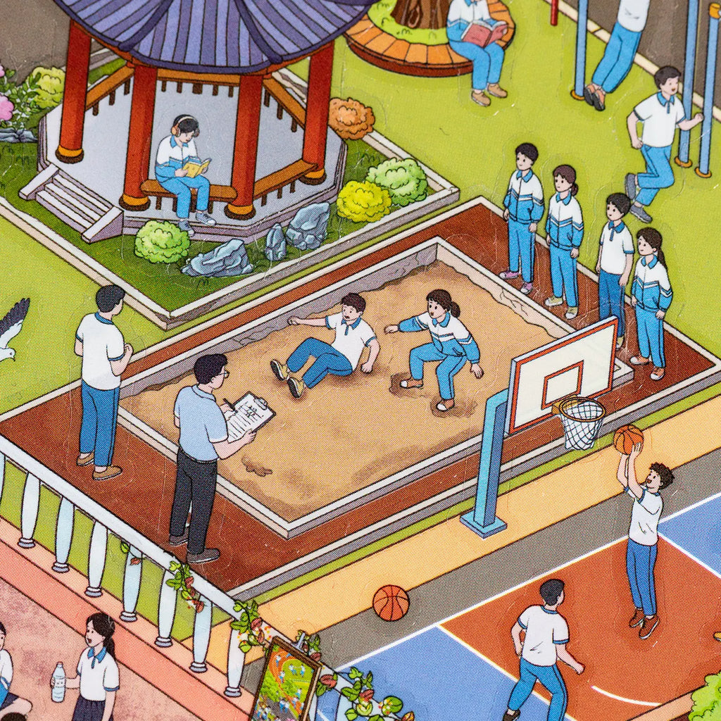Close-up of the school campus sports area with basketball court and long jump scene
