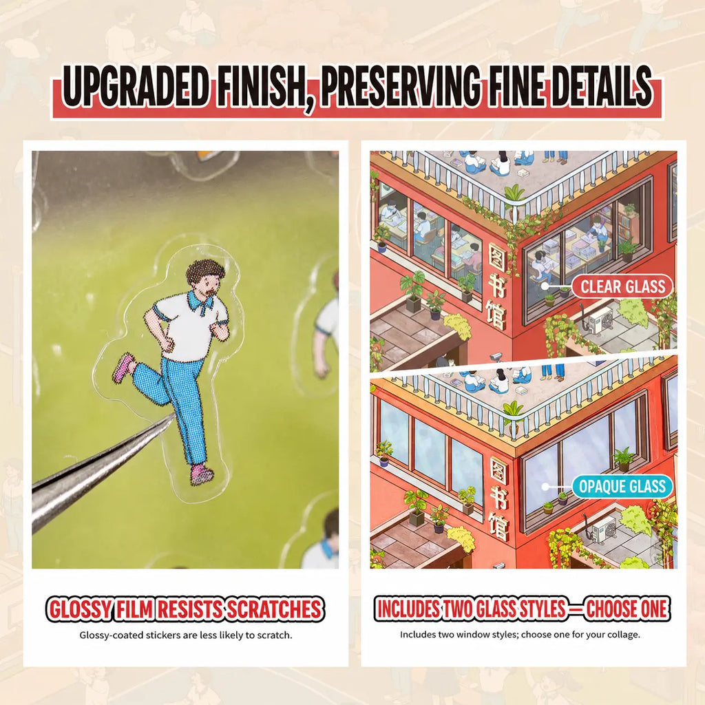 Glossy film detail and clear or opaque window options for the School Days scene sticker kit