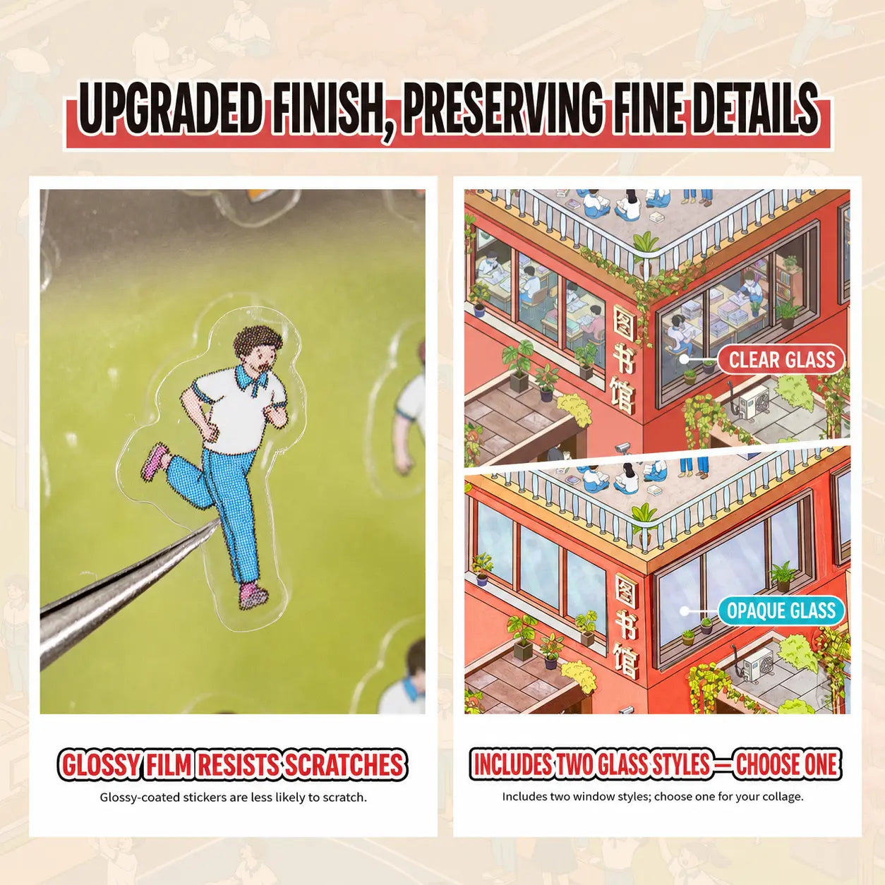 Glossy film detail and clear or opaque window options for the School Days scene sticker kit