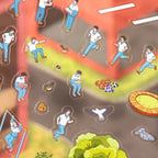 Transparent sticker sheet close-up with students, sports items, trees, and campus details
