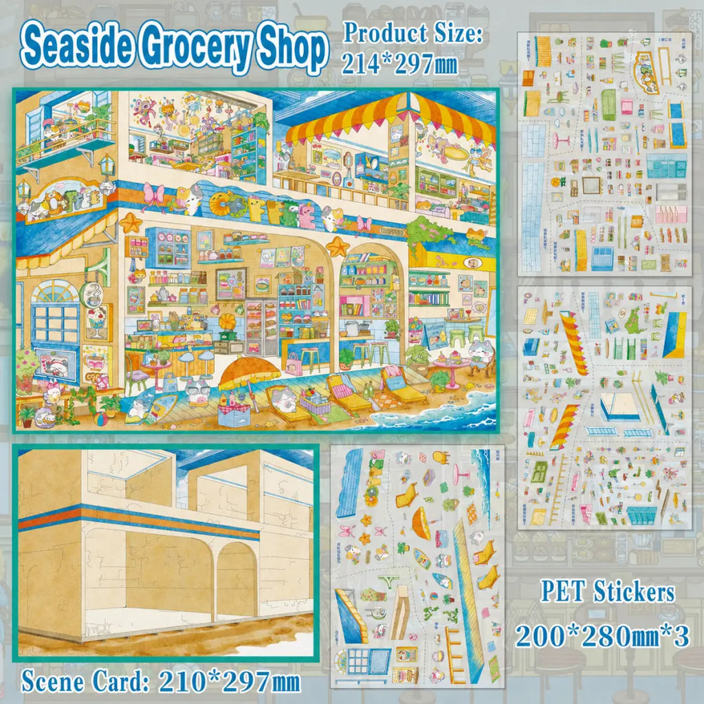 Seaside Grocery Shop 3D scene sticker kit with scene card and PET sticker sheets