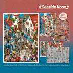 Seaside Noon scene sticker kit with coastal town scene card, glossy die-cut sticker sheets, guide card and helper sticker sheet