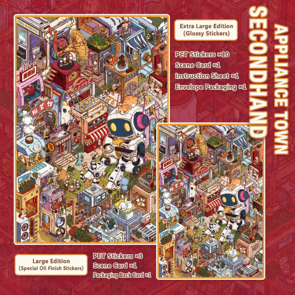 Secondhand Appliance Town 3D scene sticker kit set showing the large and extra-large editions with finished miniature town previews