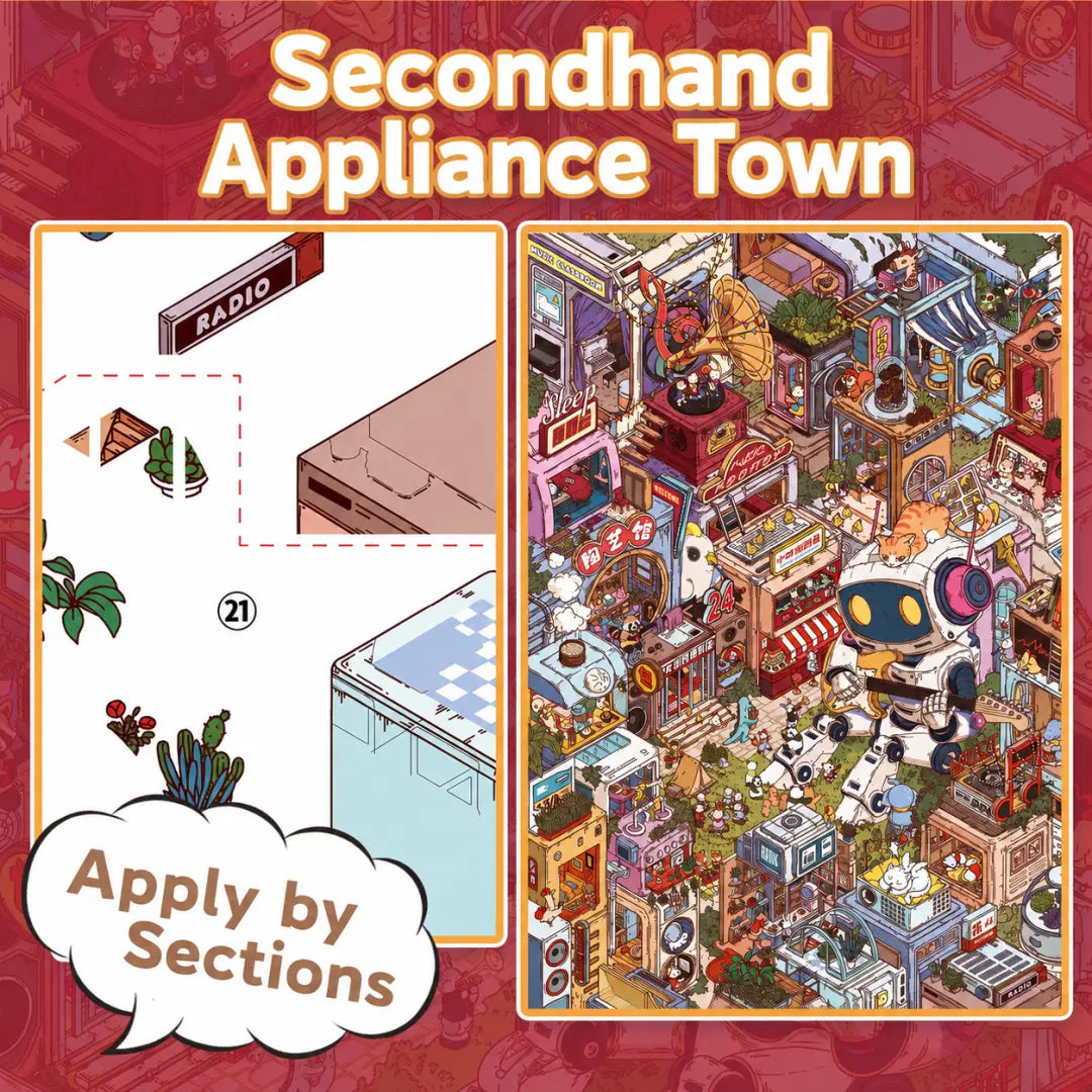 Secondhand Appliance Town kit showing how to apply stickers by numbered sections for scene building