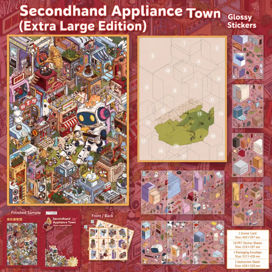 Extra Large Edition of the Secondhand Appliance Town 3D scene sticker kit showing the scene card, guide, and ten PET sticker sheets