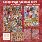 Large Edition of the Secondhand Appliance Town 3D scene sticker kit showing the scene card and three PET sticker sheets
