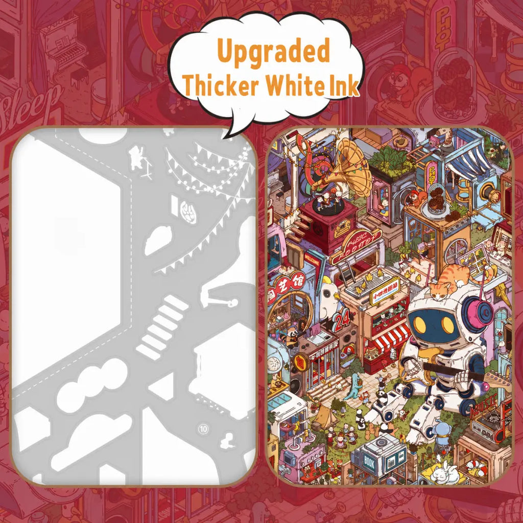 Detail image showing upgraded thicker white ink for more opaque stickers in the Secondhand Appliance Town kit