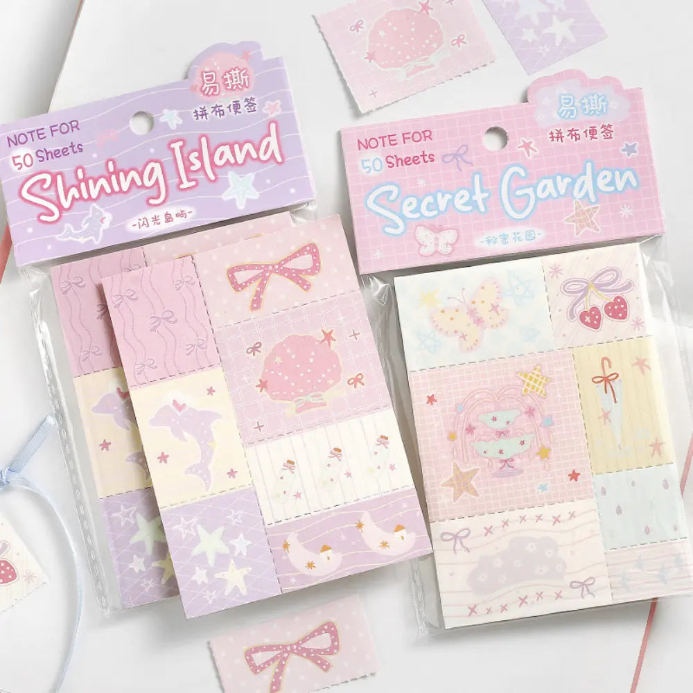 Secret Garden memo pad set with soft pastel patchwork note pages for journals, planners, and scrapbook layouts.