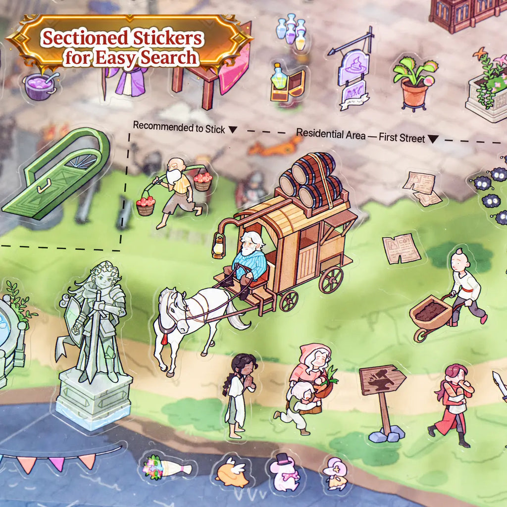 Sectioned fantasy stickers with characters, carts, statues, plants, animals, and scene accessories