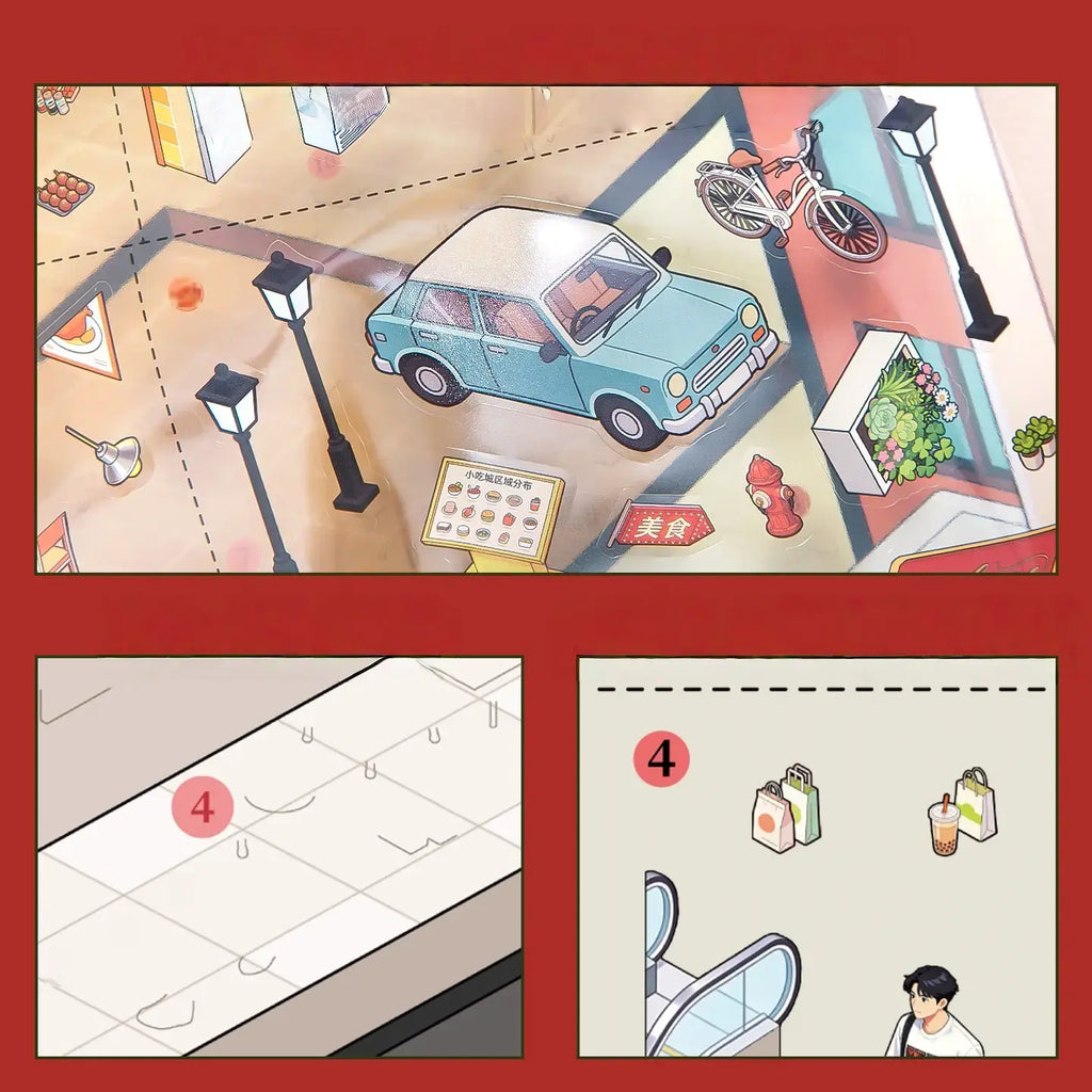 Close-up of PET sticker placement guide with car, streetlight, bicycle, and mall scene details