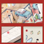 Close-up of PET sticker placement guide with car, streetlight, bicycle, and mall scene details