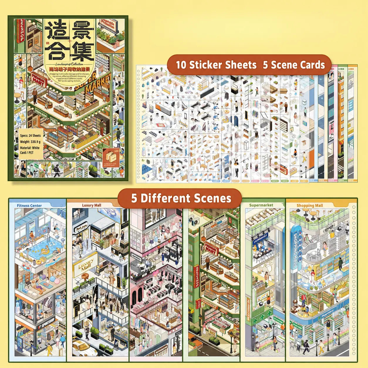 Overview of Shopping Mall 3D Scene Sticker Book with 10 PET sticker sheets and 5 scene cards