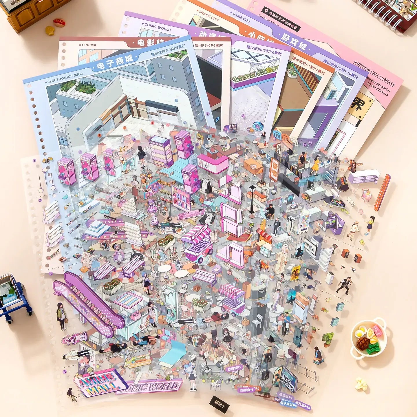 Transparent PET stickers layered over shopping mall scene cards for DIY scene building