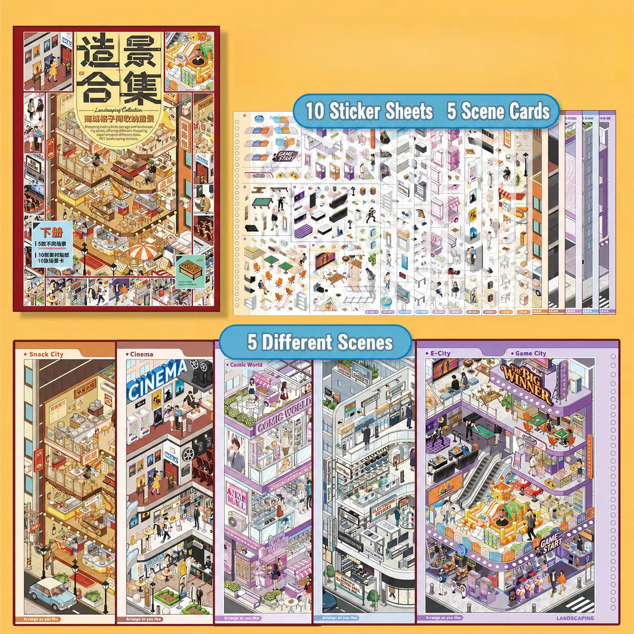 Overview of Shopping Mall Vol. 2 3D Scene Sticker Book with 10 sticker sheets and 5 scene cards