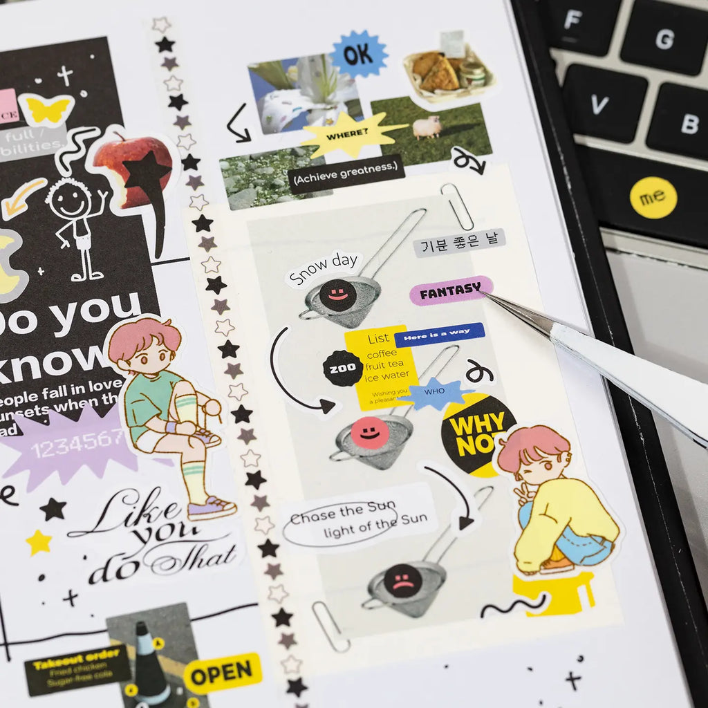Close-up of Simple Record collage stickers with text labels, arrows, stars, and character accents
