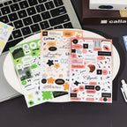 Graphic journaling sticker sheets with yellow, black, mint, arrows, labels, and word stickers