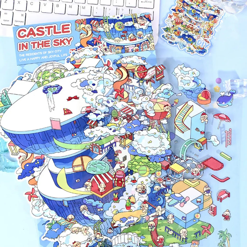Finished Sky City 3D-look sticker scene with cloud buildings, slides, shops, ladders, and small animal characters