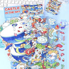 Finished Sky City 3D-look sticker scene with cloud buildings, slides, shops, ladders, and small animal characters