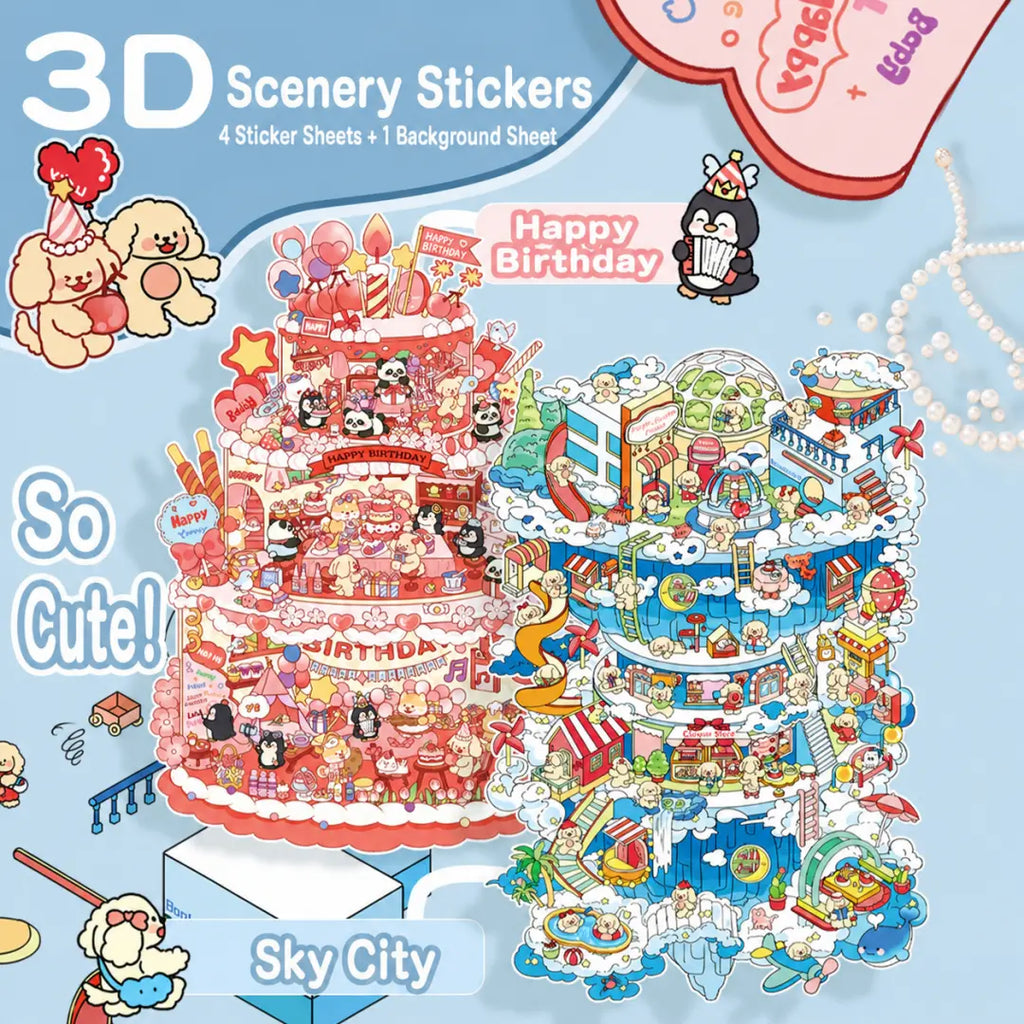 Product overview showing Sky City and Happy Birthday 3D scenery sticker kits with 4 sticker sheets and 1 background sheet