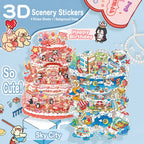 Product overview showing Sky City and Happy Birthday 3D scenery sticker kits with 4 sticker sheets and 1 background sheet