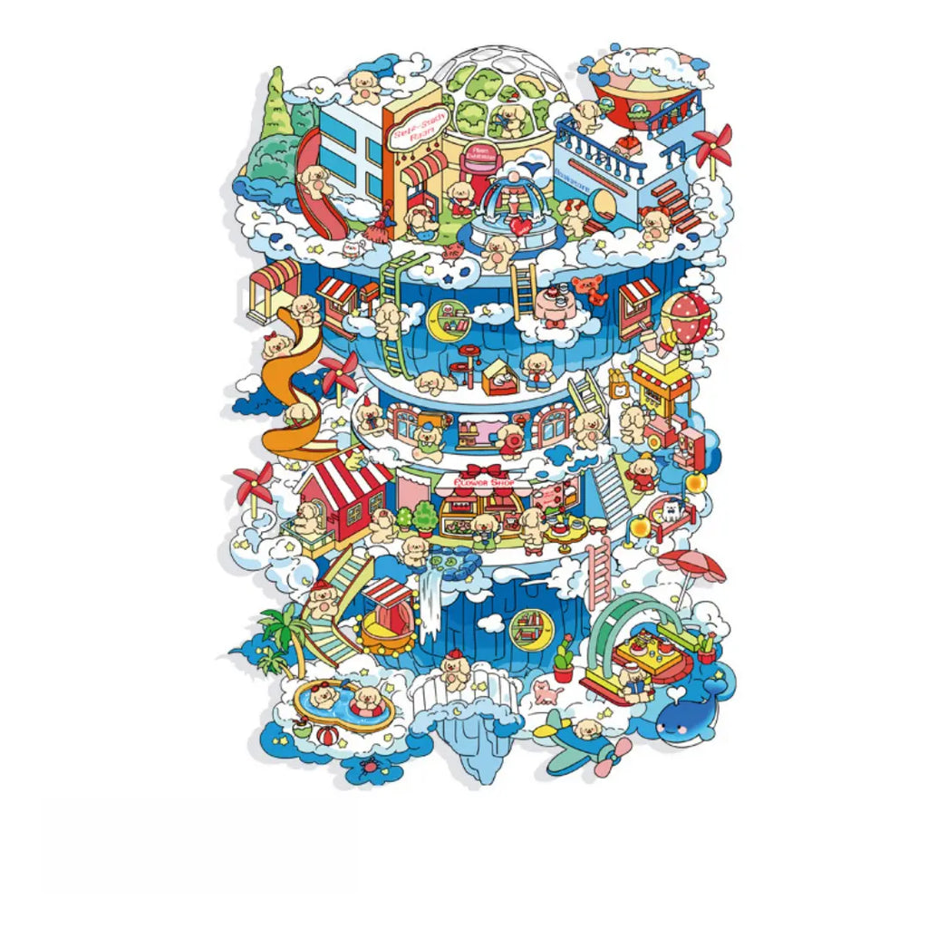 Sky City 3D-look scene sticker kit shown as a single finished miniature cloud city scene