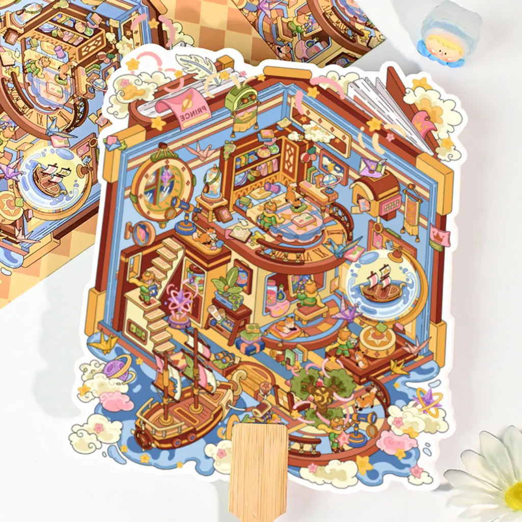 Close-up of a blue fantasy library room 3D scene sticker kit with books, stairs, clouds, and tiny room details