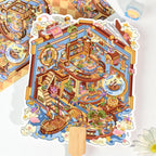 Close-up of a blue fantasy library room 3D scene sticker kit with books, stairs, clouds, and tiny room details