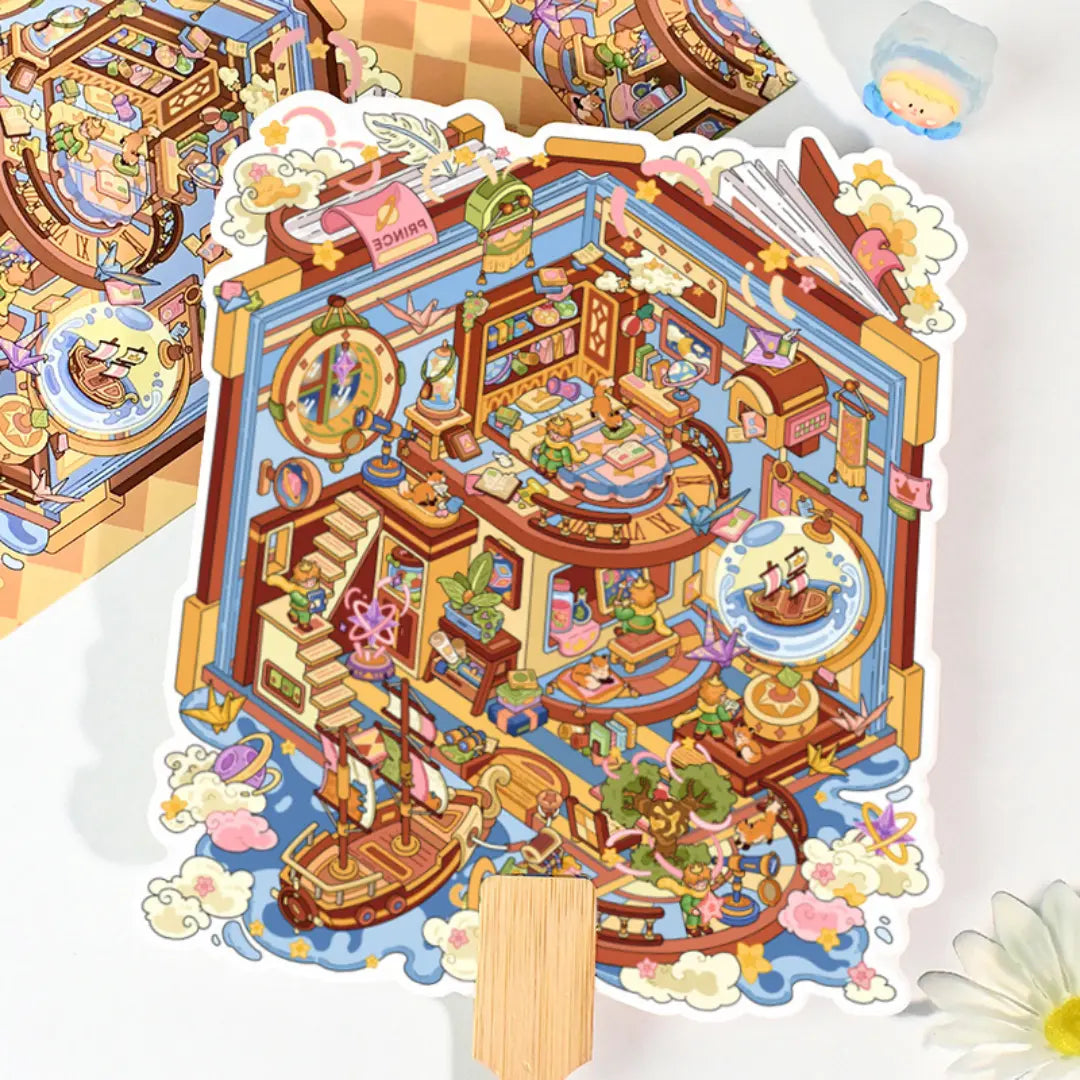 Close-up of a blue fantasy library room 3D scene sticker kit with books, stairs, clouds, and tiny room details