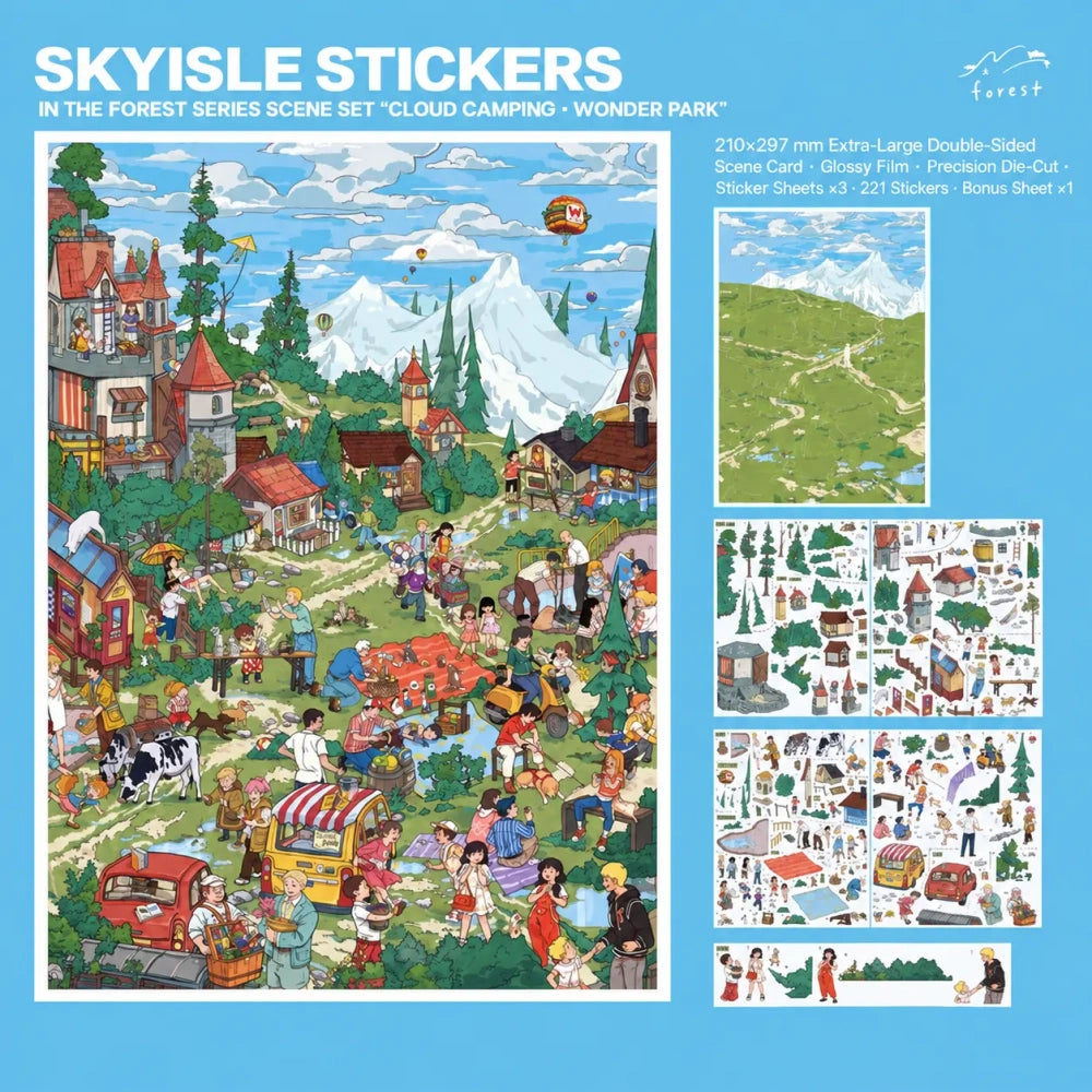 Skyisle Cloud Camping and Wonder Park scene sticker kit with mountain village scene card and sticker sheets