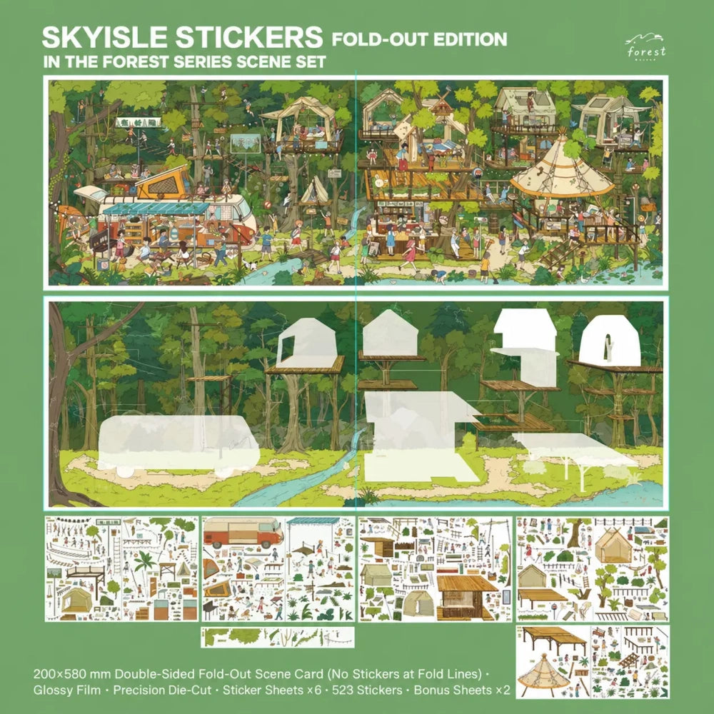 Skyisle Fold-Out Edition forest scene sticker kit with double-sided scene card and sticker sheets