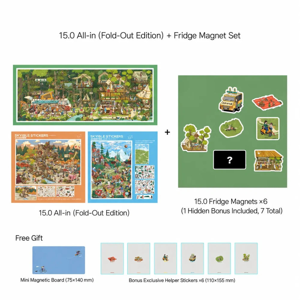 Skyisle 15.0 Forest Series 3-style bundle with scene sticker kits, fridge magnets, magnetic board, and helper stickers