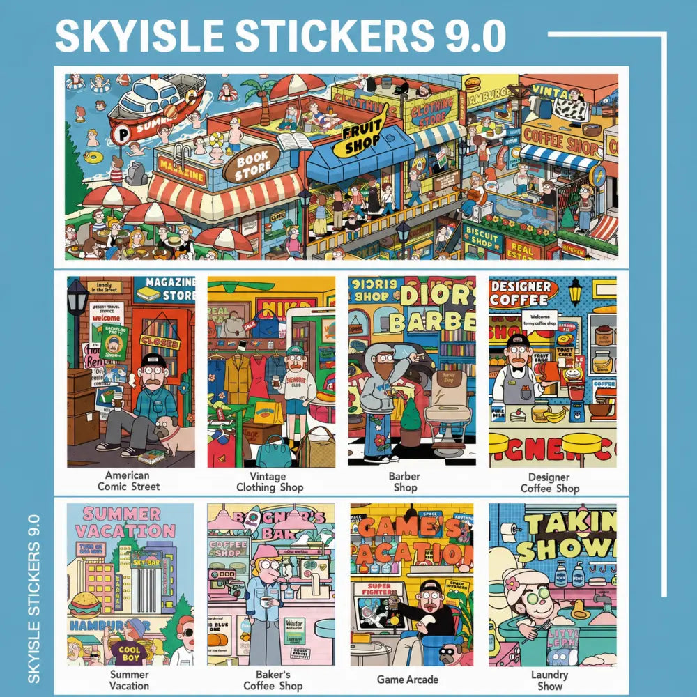 Skyisle American Comic Street scene sticker kit contents with street scene card and sticker sheets